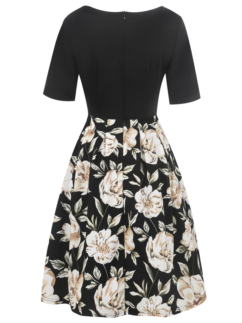 oxiuly Women's Vintage Patchwork Pockets Puffy Swing Casual Party Dress OX165 (Black Khaki, xx_l) - Image 4